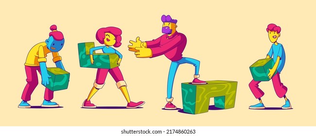Contemporary characters team work together set up abstract geometric shapes. Trendy businesspeople teamwork, office employees collaboration, cooperation, partnership, Cartoon vector illustration