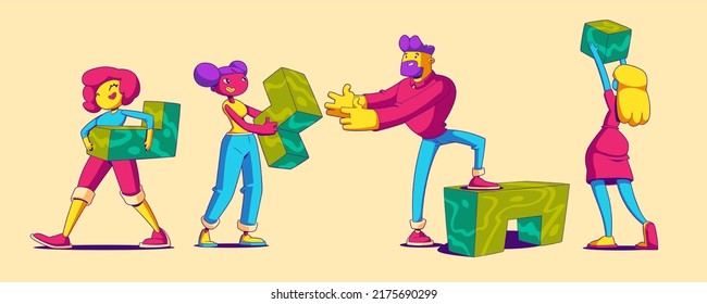 Contemporary characters team work together set up abstract geometric shapes. Trendy businesspeople teamwork, office employees collaboration, cooperation, partnership, Cartoon vector illustration