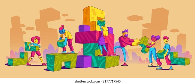 Contemporary characters teamwork cooperation, team work together set up abstract geometric figures. Trendy businesspeople, office employees collaboration, partnership, Cartoon vector illustration