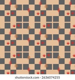 Patrón de tablero de ajedrez contemporáneo con motivos estilizados de hojas de palma y pino