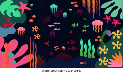 Contemporary childish post with marine life for postcards, wallpaper, banners, icons. Tropical modern design.
