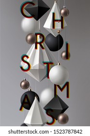 Contemporary Christmas background with vertical border of black white and gold geometric decorations and baubles Contemporary Christmas background with vertical border of black white and gold geometric decorations and baubles
