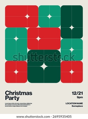 A contemporary Christmas party poster using a geometric gift-box pattern in seasonal red and green, perfect for a modern holiday event invitation, flyer, or greeting card.