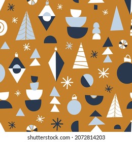 Contemporary Christmas pattern. Seamless vector Holiday background. Mid century modern festive abstract geometric shapes, Christmas trees, ornaments, baubles. Mid-century vintage retro art blue gold.