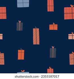 Patrón actual de Navidad sin fisuras con cajas de regalo sobre fondo azul oscuro. Estilo escandinavo. Diseño moderno para ropa, tela, papel, cubierta, decoración interior, papel pintado. 