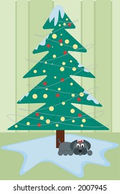 Contemporary Christmas tree with small dog lounging underneath.