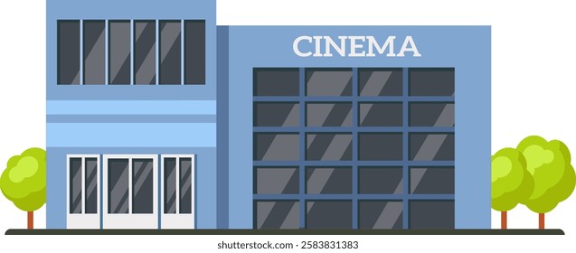 Contemporary cinema building showcasing large windows and trees, symbolizing entertainment, leisure, and the enjoyment of movies in a comfortable and accessible setting