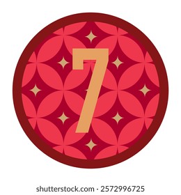 Contemporary circle graphic with intricate red and pink floral patterns, a bold gold number 7, and a dark red border, ideal for elegant branding and decorative uses