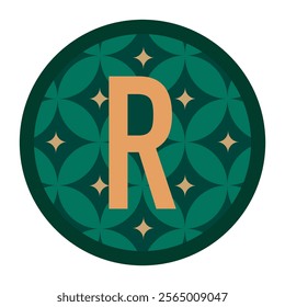 Contemporary circular design featuring letter R with intricate petal and star patterns in green tones, great for logos, stationary, or artistic projects.