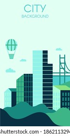 Contemporary city background. Modern skyscrapers made of glass, bridge and green hills. Hot air balloon flying in sky among clouds. High building in green ecological town flyer vector illustration
