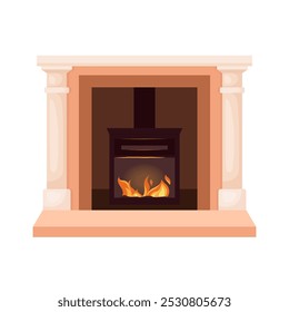 Contemporary classic fireplace with columns. Cozy winter interior bonfire, burning flame blazing inviting warm fire. Home open hearth for comfort and relaxation. Vector flat illustration