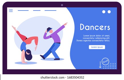 Contemporary and classical dancing set. Dancer character design. Flat vector illustration. Modern dance styles. Hip-hop, break, ballet, house, jazz, funk, popping