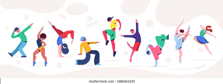 Contemporary and classical dancing set. Dancer character design. Flat vector illustration. Modern dance styles. Hip-hop, break, ballet, house, jazz, funk, popping