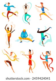 Contemporary and classical dancing set. Dancer character design. Flat vector illustration. Modern dance styles. Hip-hop, break, ballet