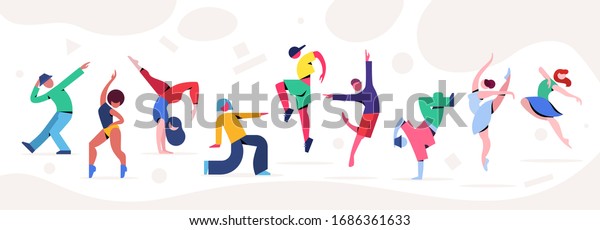 Contemporary and classical dancing\
set. Dancer character design. Flat vector illustration. Modern\
dance styles. Hip-hop, break, ballet, house, jazz, funk,\
popping
