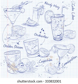 Contemporary Classics Cocktail Set on a notebook page, excellent vector illustration, EPS 10