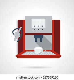 Contemporary coffee equipment. Electronic red coffee machine. Flat color style vector icon. Web design elements for business and site. 