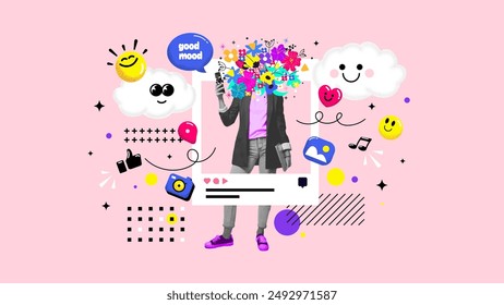 Contemporary collage art of lady blogger posting photo on insta account get many network reactions notification. Vector Illustration