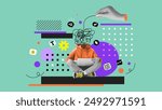 Contemporary collage artwork of weird unusual faceless mental string mess instead head isolated on green background. Trendy vintage social media post. Vector illustration