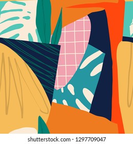 Contemporary Collage with floral and geometric forms seamless pattern. Modern exotic jungle fruits and plants illustration in vector.