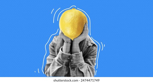 Contemporary Collage at the food concept. Woman with lemon head. Surprised Funky Background. Blue and yellow funky design. Bold and bright. Surreal artwork with photo elements. 