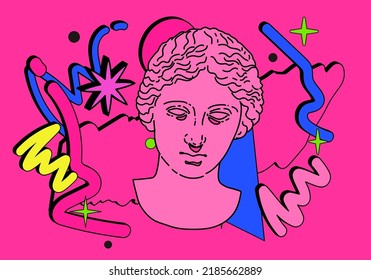 Contemporary collage with geometric shapes and Aphrodite head.