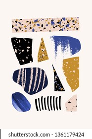 Contemporary collage with hand drawn elements, terrazzo textures and geometric shapes in blue, yellow, pink and black on white background. Abstract design elements, modern wall art, t-shirt design.