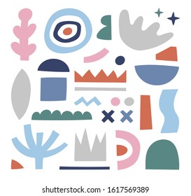 Contemporary collage with hand drawn elements. Big modern set of various shapes and doodle objects digital composition. Abstract colorful trendy vector illustration for card, print, poster, banner 