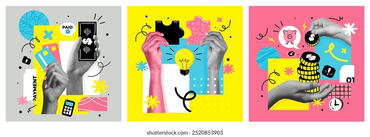 Contemporary collage with hands, Finance elements and money and abstract shapes. Banner of financial planning. Vector art