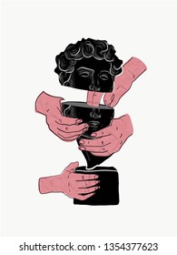 Contemporary collage. Hands hold marble statue of David head. Modern composition in abstract style. Psychedelic imagination design. 