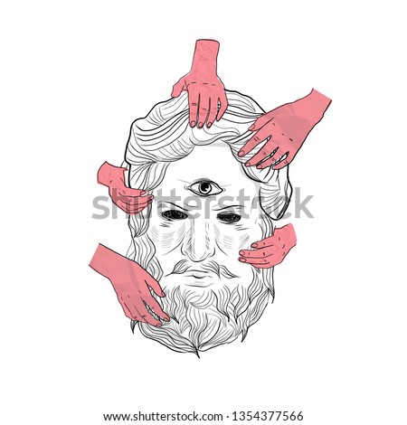 Contemporary collage. Hands hold marble statue. Modern composition in abstract style. Psychedelic imagination design. 