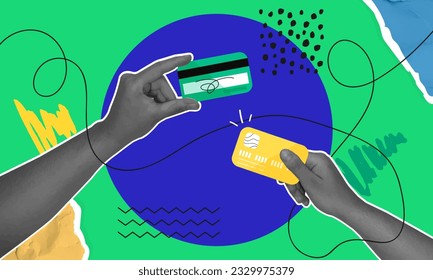 Contemporary collage with hands holding credit plastic cards. Trendy abstract shapes.Non-cash money turnover. Financial operations, transactions, investments, and payment concept.Vector illustration