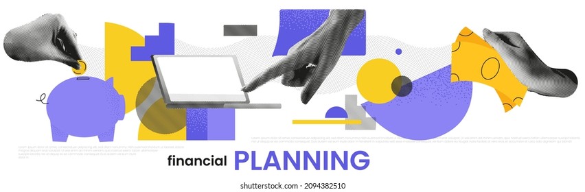 Contemporary collage with hands and a laptop and money and abstract shapes. Grunge banner of financial planning. Vector art - Shutterstock ID 2094382510