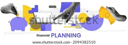 Contemporary collage with hands and a laptop and money and abstract shapes. Grunge banner of financial planning. Vector art
