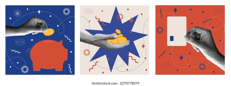 Contemporary collage with hands and money and abstract shapes. Banner, illustration for post of financial planning. Vector art	