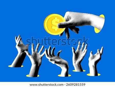 Contemporary collage of large halftone hand holding money in front of a crowd of poor people. Concept of poverty, power and people management. Low wages in third world countries
