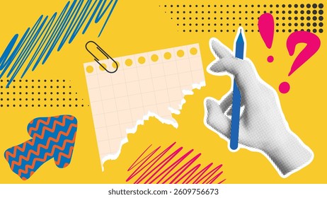 Contemporary collage to make notes. Bright yellow banner with hand holding pen, paper torn scrap and scribbles. Halftone effect elements, vector graphics
