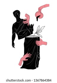 Contemporary collage. Marble statue of goddess. Hands in different poses. Watering plant from watering can. Creative modern art. Artistic crazy psychedelic imagination. Development concept