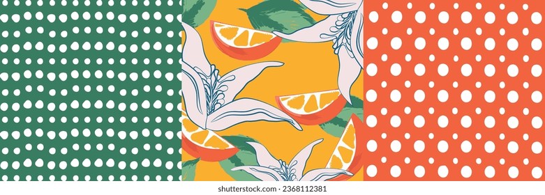 Contemporary collage orange floral and polka dot shapes seamless pattern set. Modern exotic design for paper, cover, fabric, interior decoration and other users.