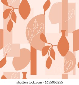 Color pastel contemporáneo sin costuras. Formas abstractas de terracota y hojas tropicales. Textura para textiles, envasado, papel de envoltura, post en medios sociales, etc. Ilustración vectorial.