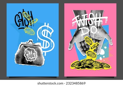 Contemporary collage posters set with hands, cash money and abstract brutalism shapes. Grunge 90s style banner collection of financial planning, money making. Vector illustration.