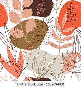 Contemporary collage seamless pattern. Terracotta abstract shapes, tropical leaves and continuous line of leaf. Texture for textile, wrapping paper, social media post etc. Vector illustration.