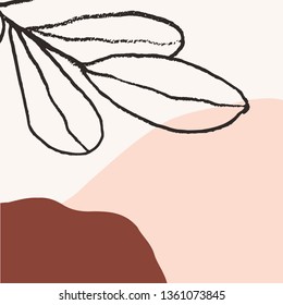 Contemporary collage style design with hand drawn botanical elements and abstract shapes in trendy warm color palette. Square social media post template, greeting card, modern wall art.