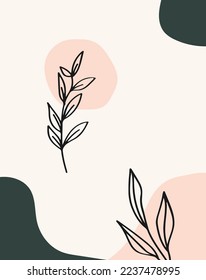 Contemporary collage style design with hand drawn botanical elements and abstract shapes in trendy warm color palette. Square social media post template, greeting card, modern wall art.