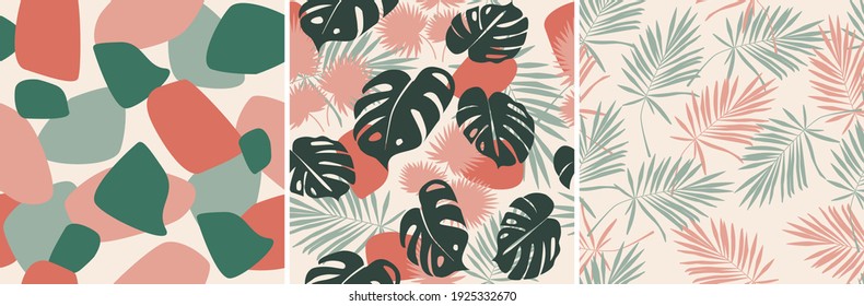 A contemporary collage with tropical leaves, simple shapes. Seamless pattern set. Modern exotic design for paper, cover, fabric, wallpaper, interior. Vector graphics.