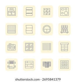 Contemporary collection of 16 vector icons representing Compartments in Thin Outline aesthetic, featuring Retina Ready Pixel Aligned resolution for modern application development.