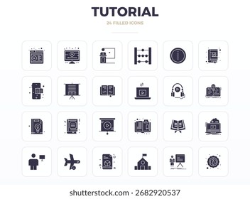Coleção contemporânea de 24 ícones vetoriais representando Tutorial na estética SolidFill, com resolução perfeita de 128x128 PIXEL para o desenvolvimento de aplicações modernas.