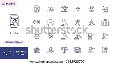 Contemporary collection of 24 vector icons representing Trial in Heavy Line aesthetic, featuring 128x128 PIXEL perfect resolution for modern application development.