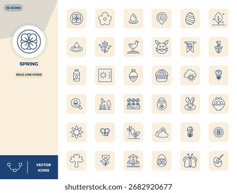 Contemporary collection of 36 vector icons representing Spring in Bold Line aesthetic, featuring 128x128 PIXEL perfect resolution for modern application development.