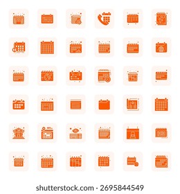 Colección contemporánea de 36 iconos vectoriales que representan eventos en estética llena, con resolución alineada de 64x64 píxeles para el desarrollo de aplicaciones modernas.